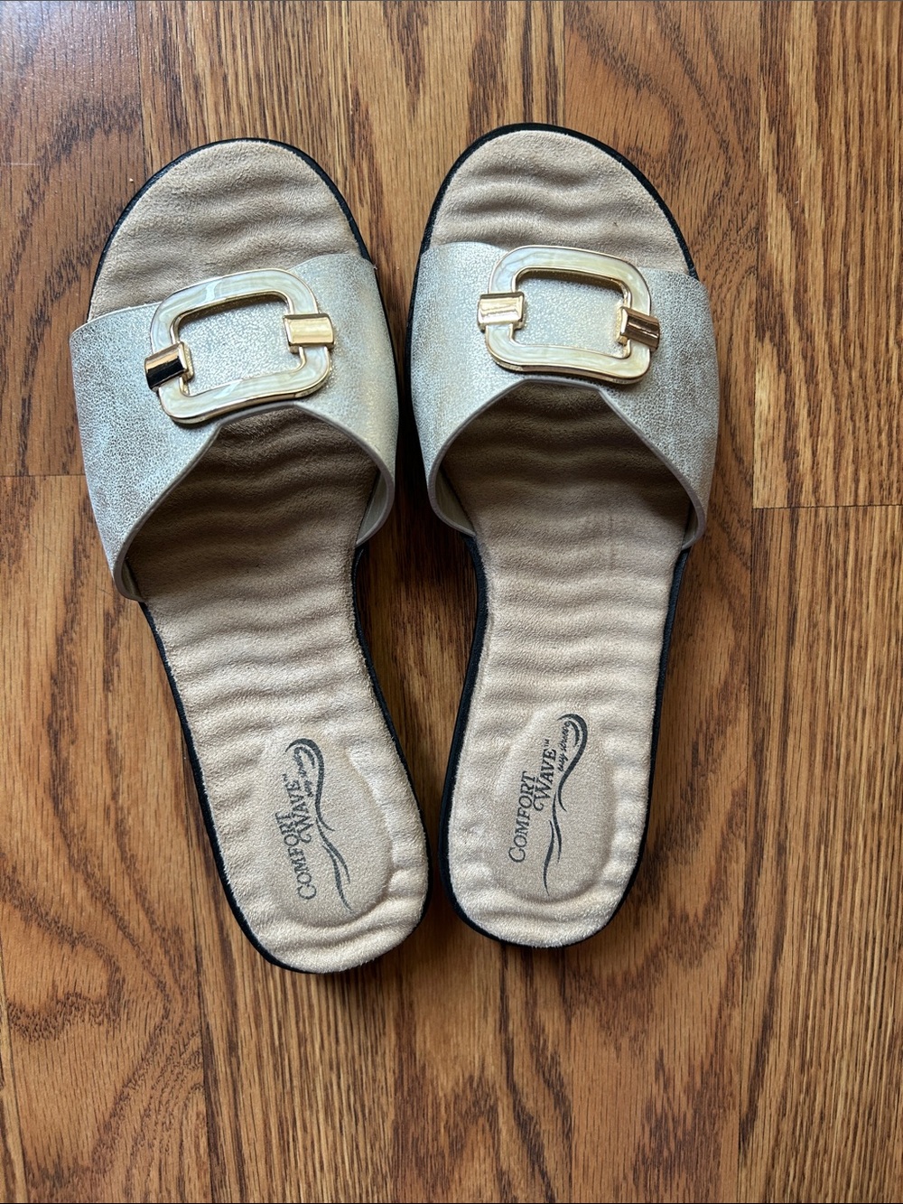 Comfortiva Metallic Gold Slide Mules with Gold Buckle Accent